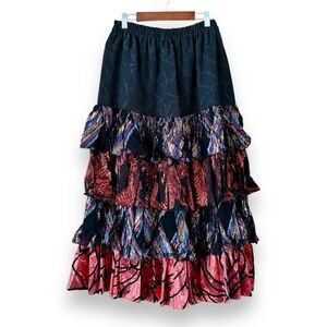 Vintage Maggie Shepherds Tiered Ruffle Midi Skirt Metallic Abstract Size Medium